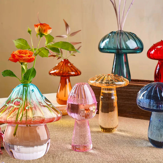 Colorful Glass Mushroom Vase, Nordic Style Indoor Home Decor, Hydroponic Plant Flower Arrangement Ornament, Desktop Decoration