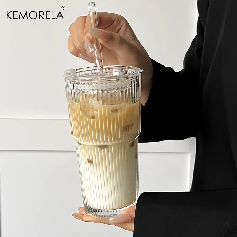 600ML Striped Glass Coffee Cup with Lid and Straw – Transparent Drinking Glasses for Juice, Milk, Tea | Iced Coffee Mug Drinkware