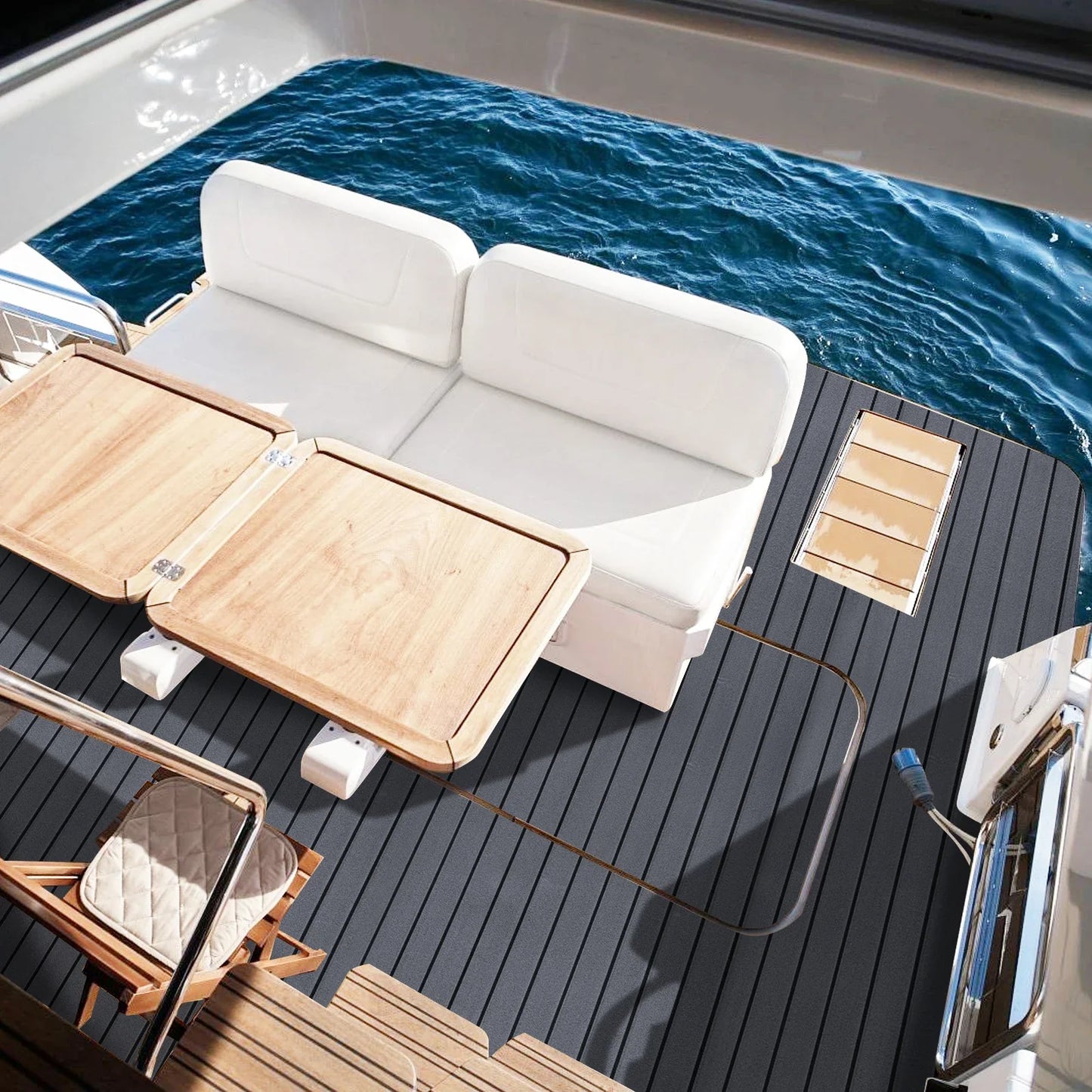 2400*450mm EVA Foam Faux Teak Boat Deck Mat – Waterproof Marine Flooring for Yachts, Motorboats & Pontoons in Brown/Black