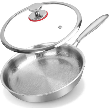 Titanium Steel Frying Pan with Lid - Non-Stick Uncoated Fish Scale Hammer Pattern Titanium Alloy Kitchen Cookware