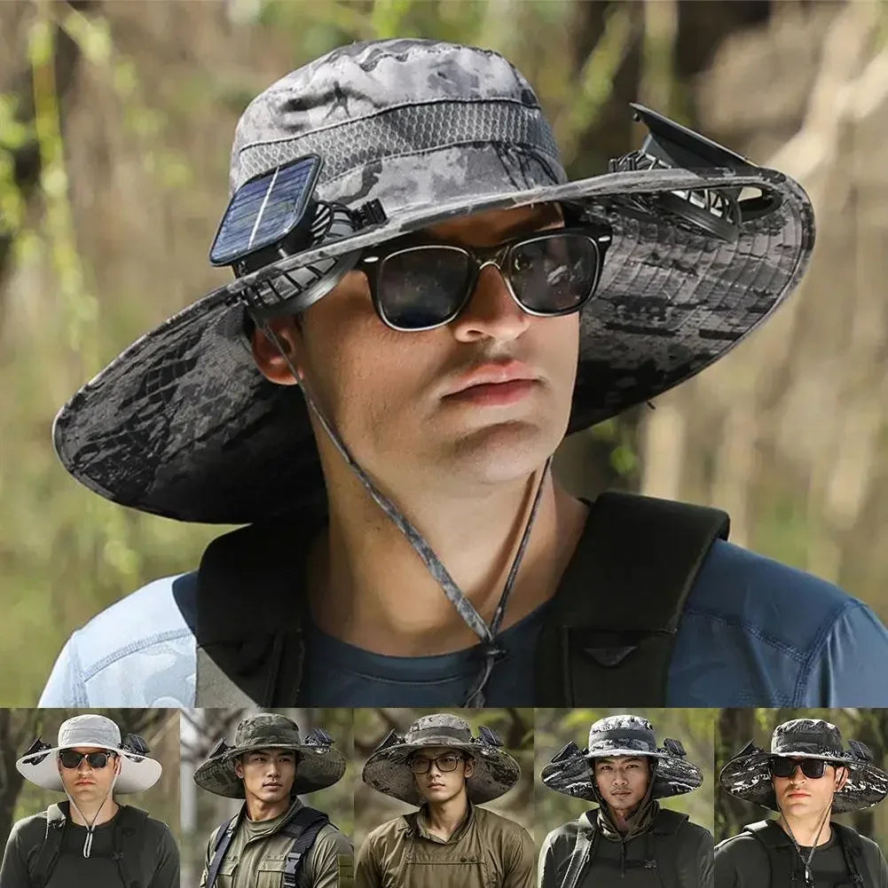 Men’s Wide Brim Solar Fan Hat – UPF50+ Sun Protection, Dual Power USB Adjustable Outdoor Hat for Beach & Fishing