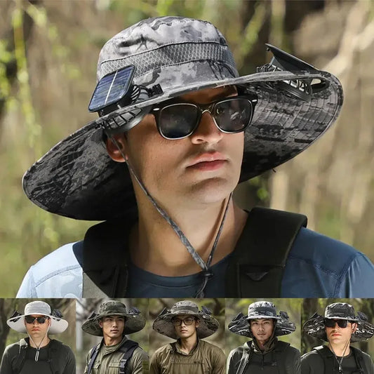 Men’s Wide Brim Solar Fan Hat – UPF50+ Sun Protection, Dual Power USB Adjustable Outdoor Hat for Beach & Fishing
