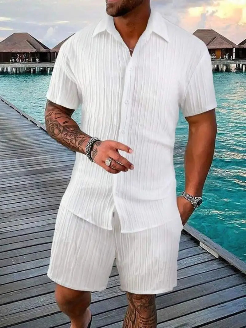 Men's Striped Jacquard Beach Shirt & Shorts Set — Spring Summer Casual Loose Fit, Europe & US Style