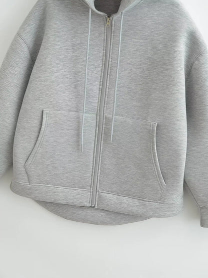 TRAFZA Autumn Women's Gray Jacket – Hooded, Long Sleeve, Zipper Coat with Big Pockets, Loose Casual Outerwear Tops