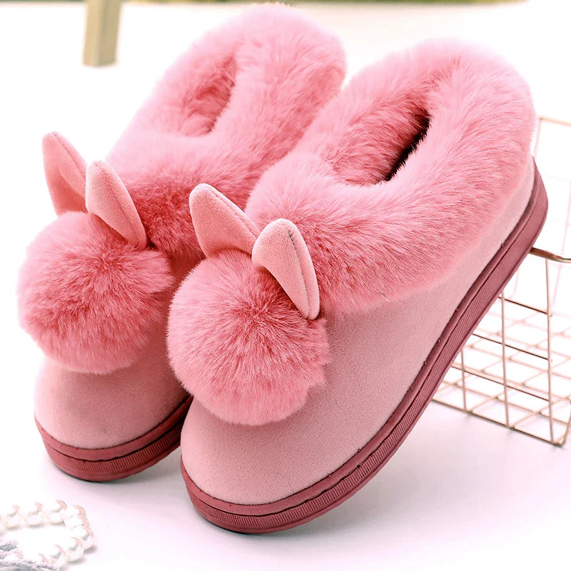 Unisex Winter Plush Slippers – Thick Sole Cozy Faux Rabbit Fur Indoor Slides with Closed Back for Couples