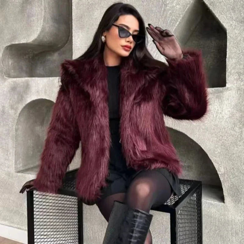 HXAO Women's Fur Coat – 2024 Plush Burgundy Bomber Jacket, Solid Crop Long Sleeve Warm Winter Casual Coat