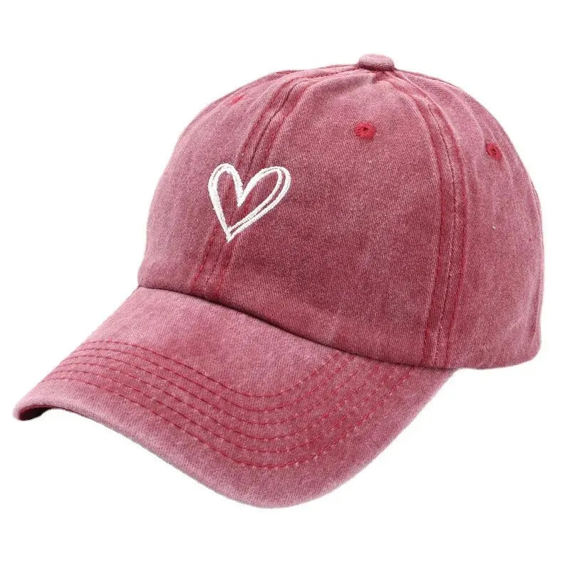 Peach Heart Embroidery Baseball Cap – Washed Soft Top Spring Summer Hat for Men & Women, Unisex Trendy Casual Cap