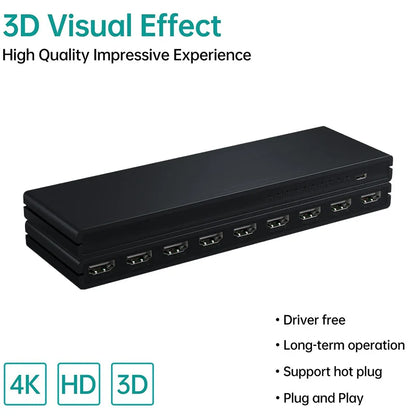 HDMI Splitter 1x8 4K 30Hz — 8-Port Video Distributor Converter, HDCP1.4 for PC, Laptop, PS4, DVD, Projector, TV