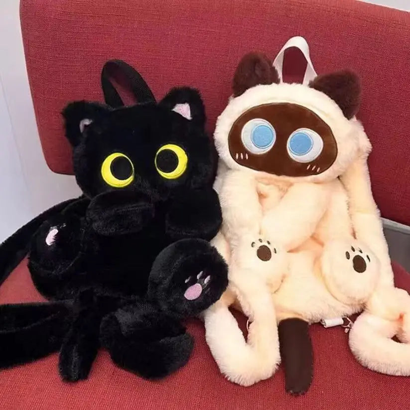 40cm Kawaii Big Eyes Cat Plush Backpack - Cute Large-Capacity Stuffed Animal Bag for Kids & Adults