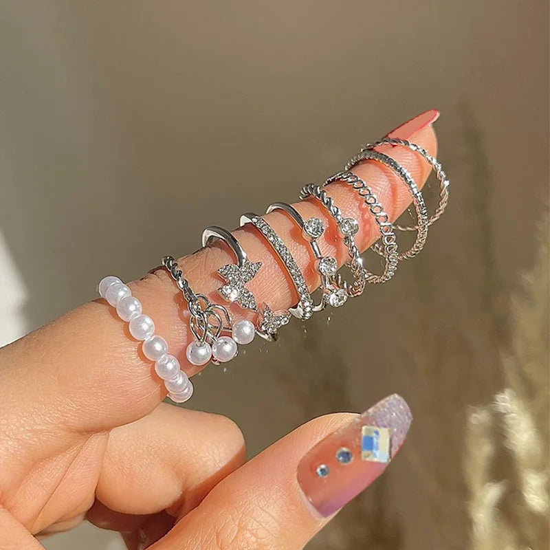 Bohemian Butterfly Pearl Rings Set – Vintage Gothic Plated Retro Rhinestone Finger Jewelry for Women, Gift Idea