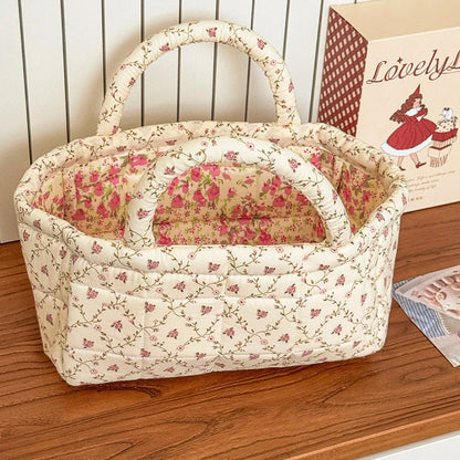 Cute Pink Flower Quilted Storage Basket with Handle – Foldable Home Organizer for Pet Toys & Room Storage