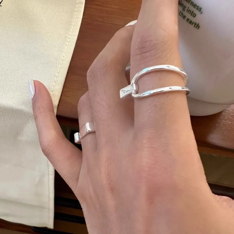 VENTFILLE 925 Sterling Silver Ring for Women - Geometric Hollowed-Out Design, Overlapping Simple Style, Perfect Gift