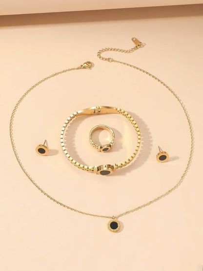 Niche Design Roman Digital Jewelry Set — Titanium Steel Necklace, Bracelet & Ring Studs for Women, Simple & Elegant