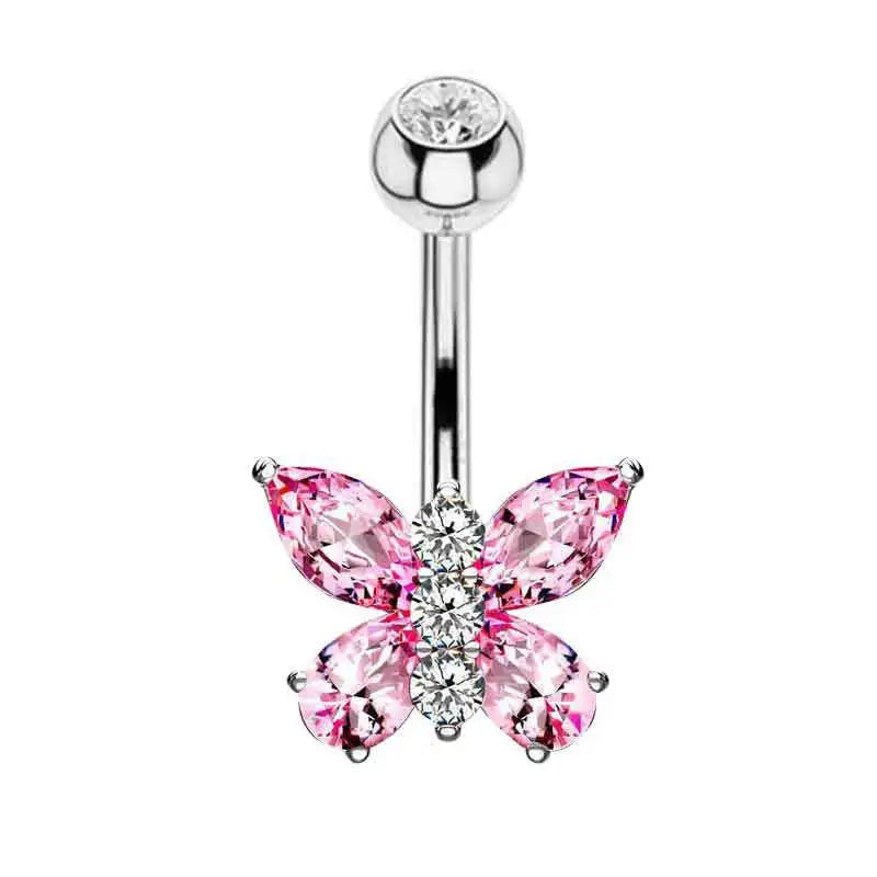 Pink Crown Belly Button Ring – Stainless Steel Heart Navel Piercing Barbell with Crystal for Women & Girls