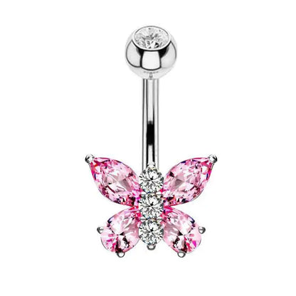Pink Crown Belly Button Ring – Stainless Steel Heart Navel Piercing Barbell with Crystal for Women & Girls