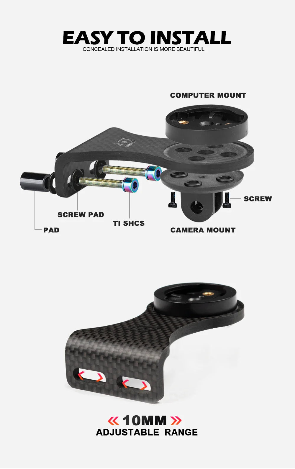 OGEVKIN Carbon Bike Stem Extension — Computer Mount Holder Rack for GPS, Cycling Computer, Camera & Light, 3K Black