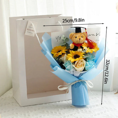 DIY Simulated Flower Bouquet – Crochet Sunflower Finished Product, Graduation, Doctoral, Valentine’s Day & Birthday Gift with Bear