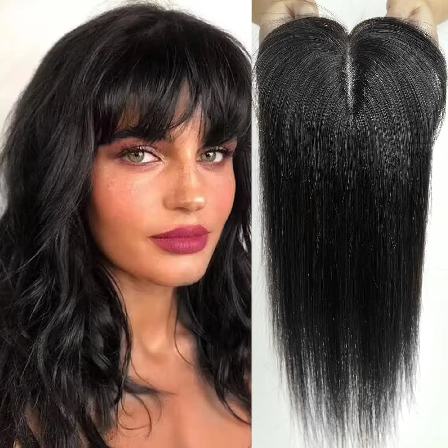 10" Brown Ombre Remy Human Hair Topper – Straight with Bangs, Silk Base, Clip-In Extension for Women