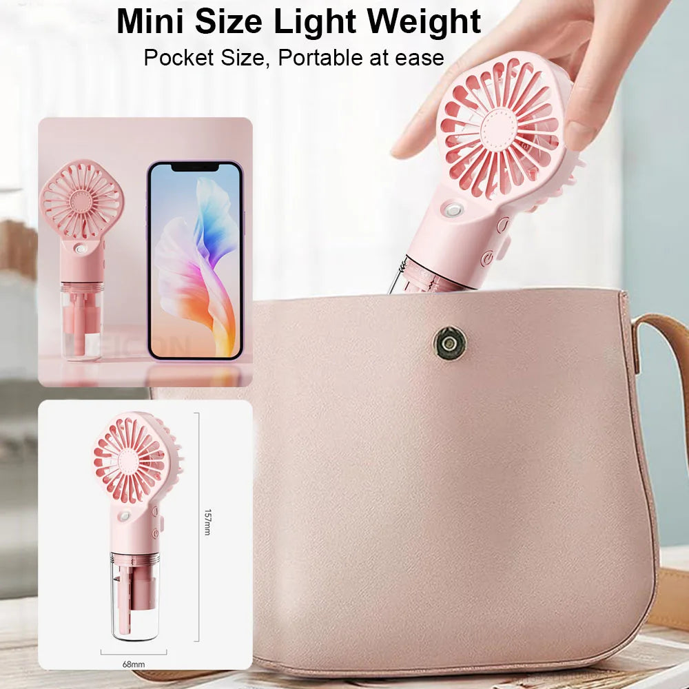 Portable Mini Humidifier Fan – USB Rechargeable Handheld Mist Fan with Water Spray, Personal Cooling Fan