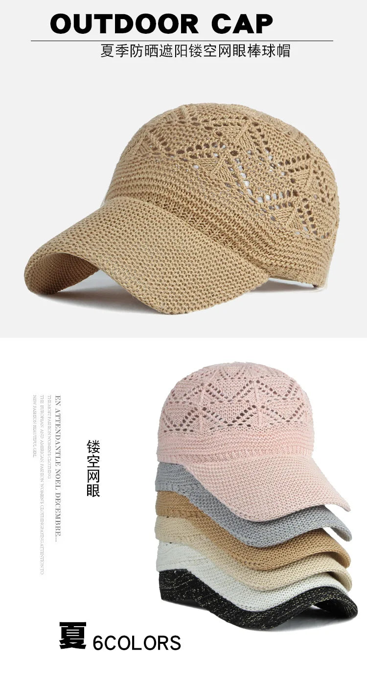 Women’s Summer Hollow Baseball Cap – Breathable Knitted Mesh Adjustable Sun Hat for Holiday and Outdoor Use