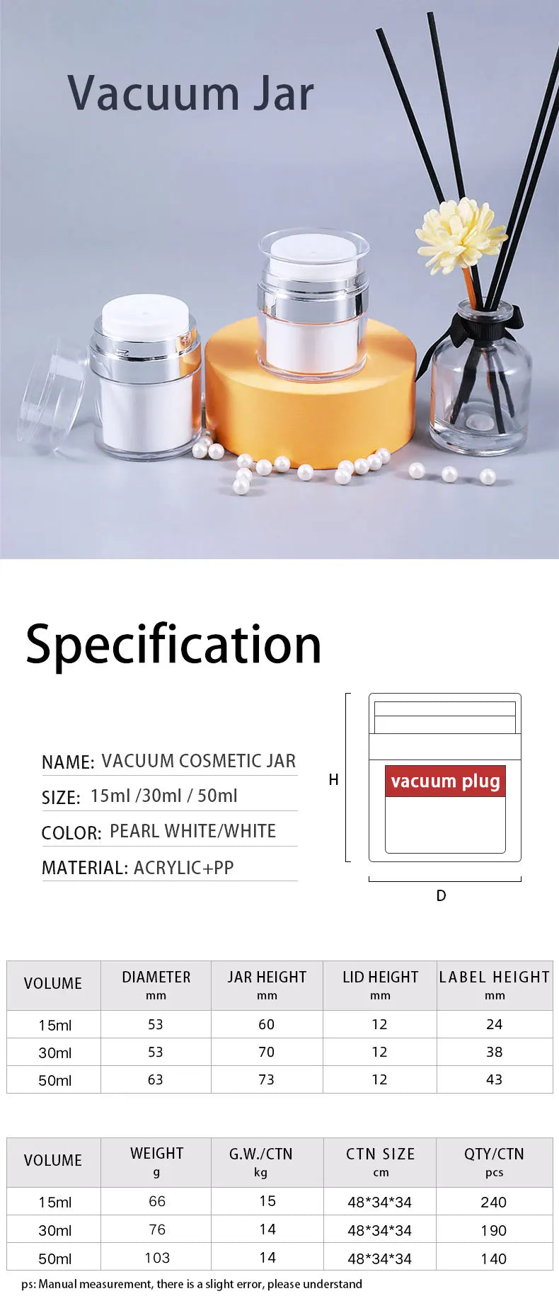 15/30/50g Empty Airless Pump Jar — Refillable Acrylic Vacuum Bottle for Makeup, Lotion & Cosmetics
