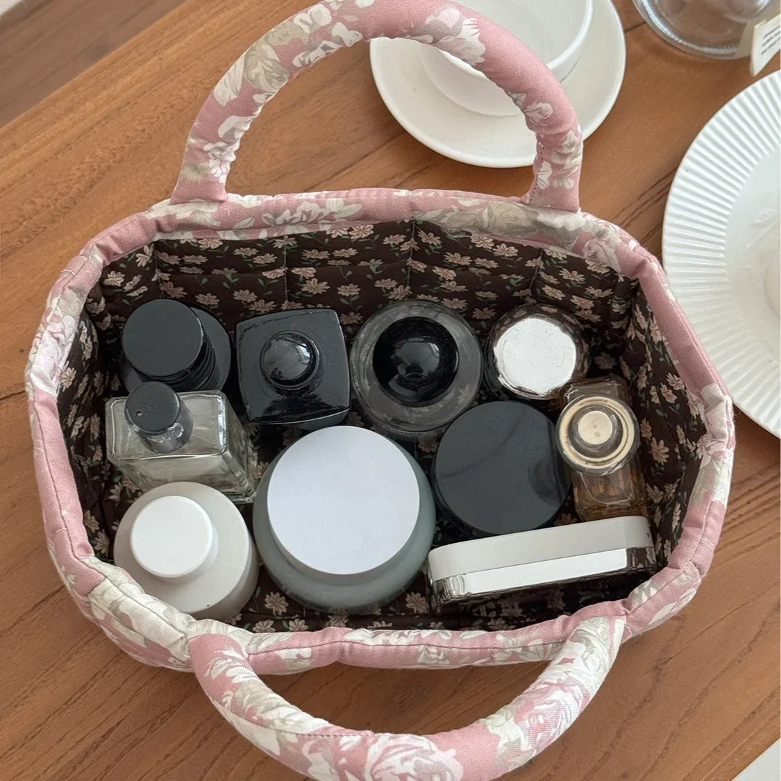 Quilted Fabric Desktop Storage Basket – Large Home Organizer for Snacks, Laundry & Miscellaneous Items, Garden Style Design