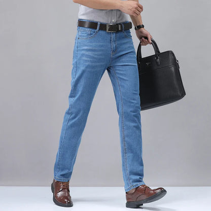 Men’s Casual Comfortable Jeans – Straight Loose Fit High Waist Elastic Trousers for All Seasons & Office Wear