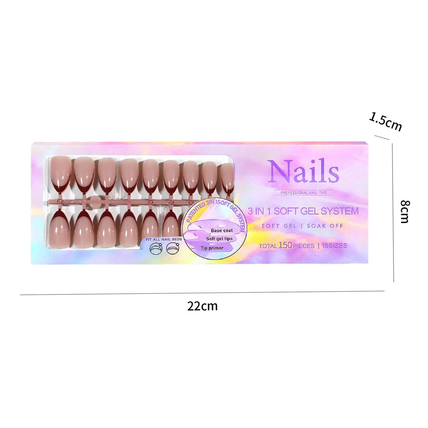 150pcs Fake Almond French Nails – Multi-Size Press-On Acrylic Nails in 6 Colors, Removable & Convenient