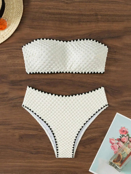 White 2-Piece Strapless Swimwear – Sexy Bandeau Backless Lace-Up Patchwork Bikini Set for Women, 2025 New