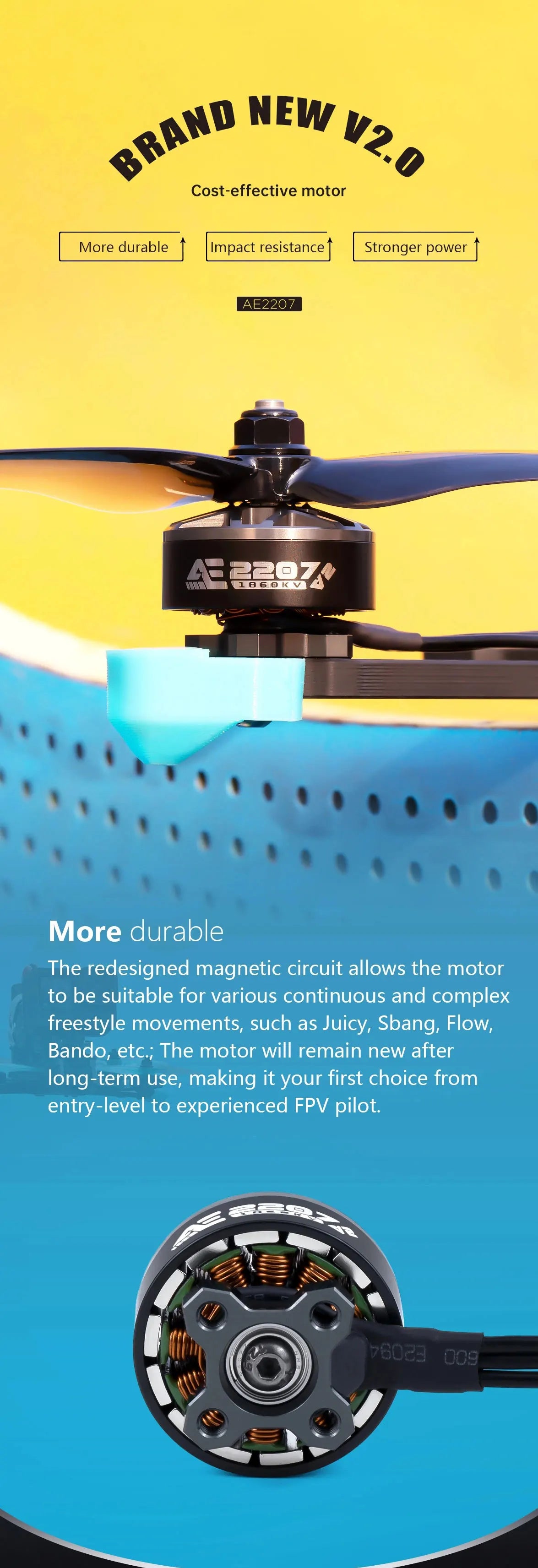 AxisFlying AE2207 V2 1860KV/1960KV Brushless Motor — 4~6S Lipo, 5mm Shaft for 5-Inch Propeller Drones