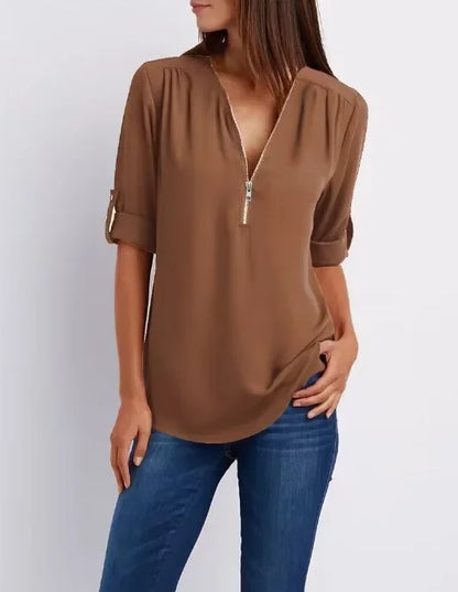 Women’s 2025 Hot Sale Loose Chiffon Blouse – Deep V-Neck Casual Top with Zipper Pullover Plus Size