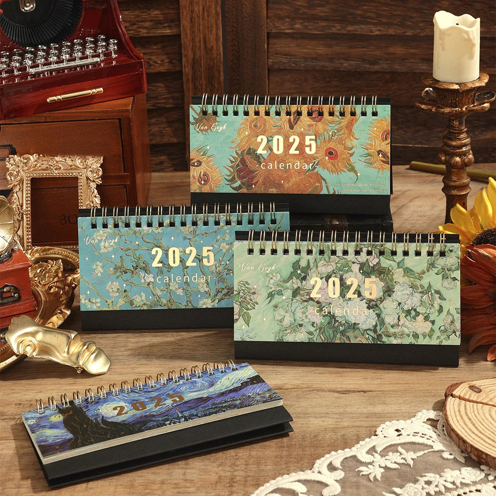 2025 Vintage Painting Desk Calendar – Flip Monthly Schedule with Memo Notes | Tabletop Calendar for Home & Office