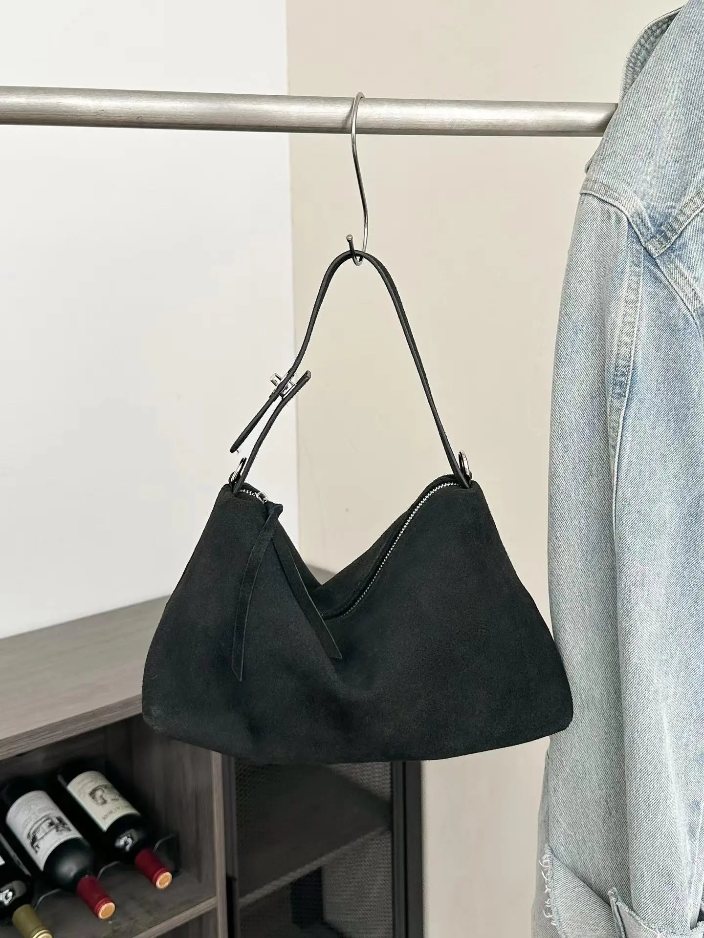 Simple Autumn Winter Grey & Brown Boston Tote — Soft Matte Suede Cow Leather Women's Shoulder Handbag