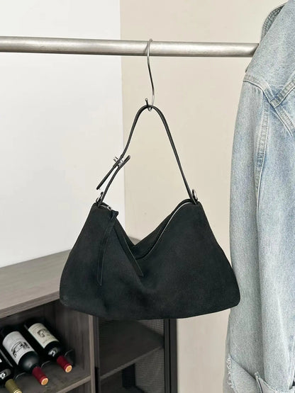 Simple Autumn Winter Grey & Brown Boston Tote — Soft Matte Suede Cow Leather Women's Shoulder Handbag