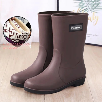 Women’s Four-Season Waterproof Rain Boots – Mid-Tube Non-Slip Rubber Shoes with Cotton Lining for Outdoor Fashion