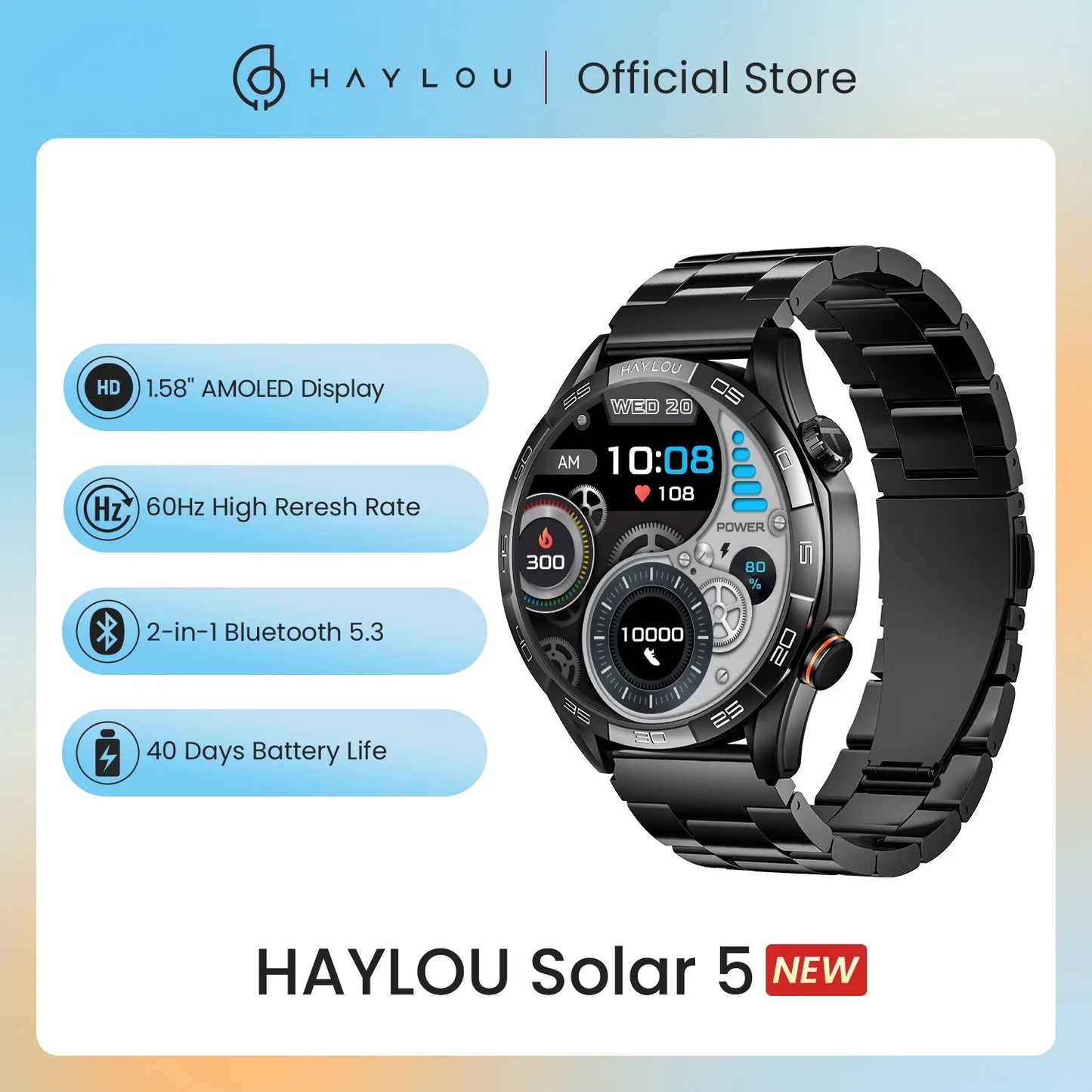 HAYLOU Solar 5 Smartwatch — 1.58" AMOLED, Voice Calling, 24H Health & Sports Tracker for Men