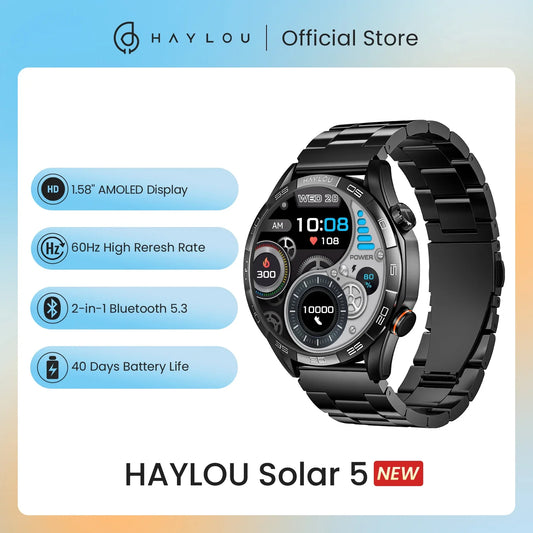 HAYLOU Solar 5 Smartwatch — 1.58" AMOLED, Voice Calling, 24H Health & Sports Tracker for Men