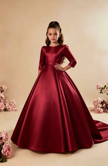 Girls First Communion Satin Dress - Long Sleeve A-Line Princess Gown for Weddings & Parties