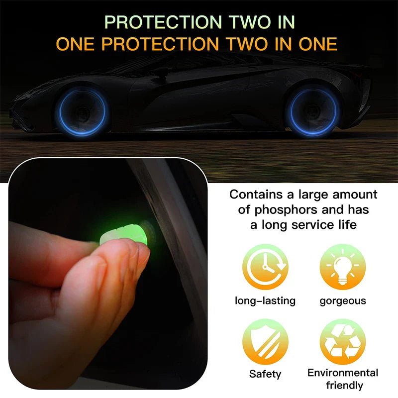 Luminous Valve Caps – Fluorescent Night Glow Tire Caps for Car, Motorcycle & Bicycle (4PCS)