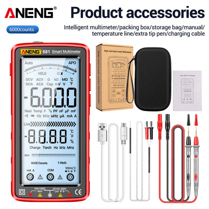 ANENG 681 Rechargeable Digital Multimeter — Professional Non-Contact AC/DC Voltage & Current Tester with LCD Screen