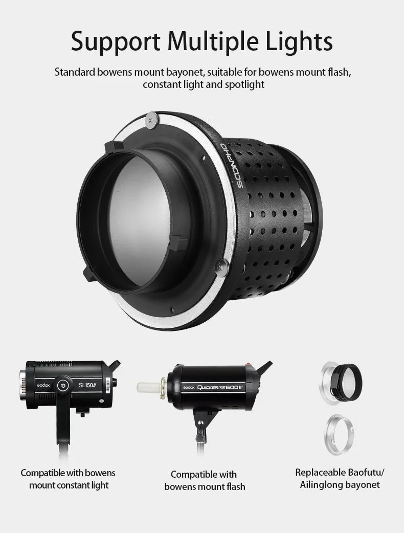 SOONPHO OT1 Bowens Mount Snoot with 50mm/85mm/150mm Lenses – Professional Photography Accessories for Godox Flash Light