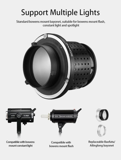 SOONPHO OT1 Bowens Mount Snoot with 50mm/85mm/150mm Lenses – Professional Photography Accessories for Godox Flash Light