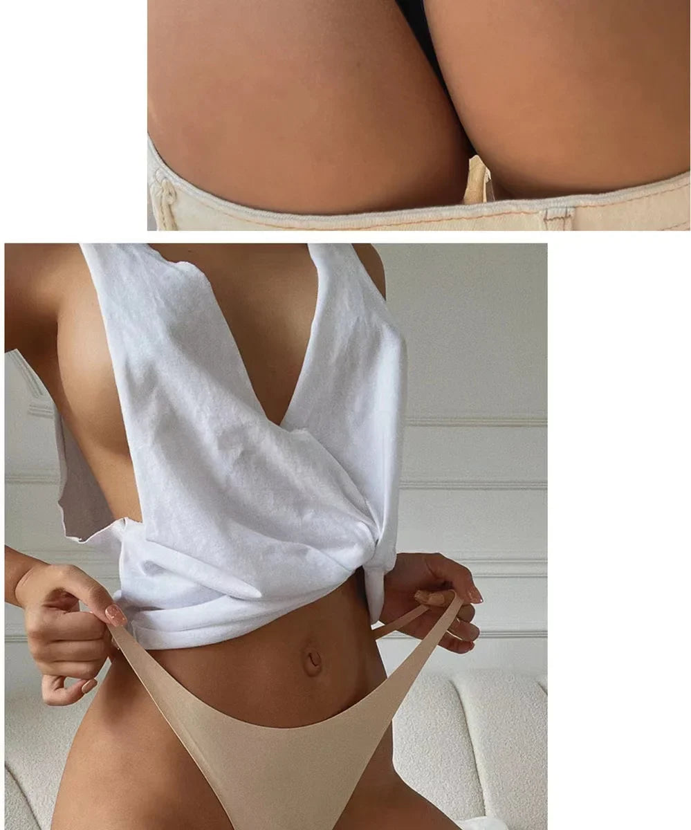 Ice Silk Seamless Thong Panties for Women – Soft Satin Bikini Underwear, Thin Band Tangas Mujer