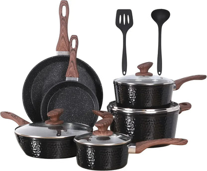 12 Piece Granite Black Nonstick Cookware Set - Induction Ready Pots and Pans