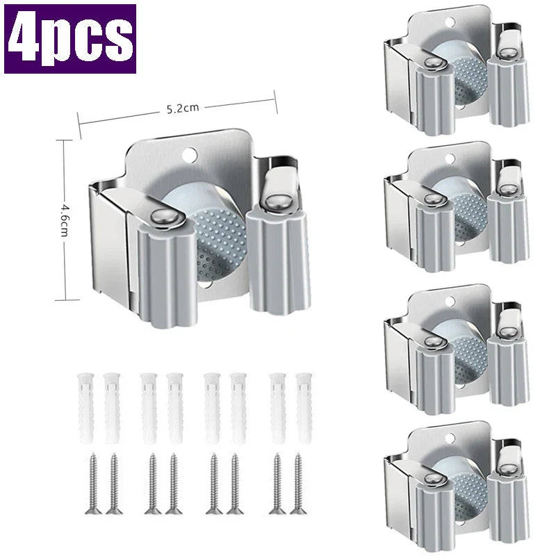 Stainless Steel Mop Clip Holder — Wall-Mounted Broom & Brush Hanger Rack for Kitchen & Bathroom Organization