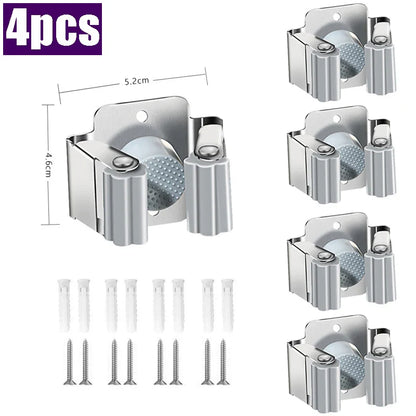 Stainless Steel Mop Clip Holder — Wall-Mounted Broom & Brush Hanger Rack for Kitchen & Bathroom Organization