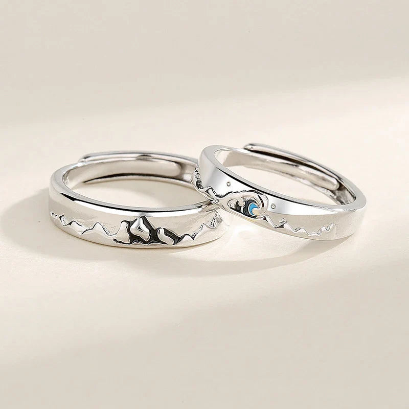 New Silver Couple Rings - Sun & Moon Adjustable Open Ring for Men & Women, Wedding & Fashion Jewelry Gift