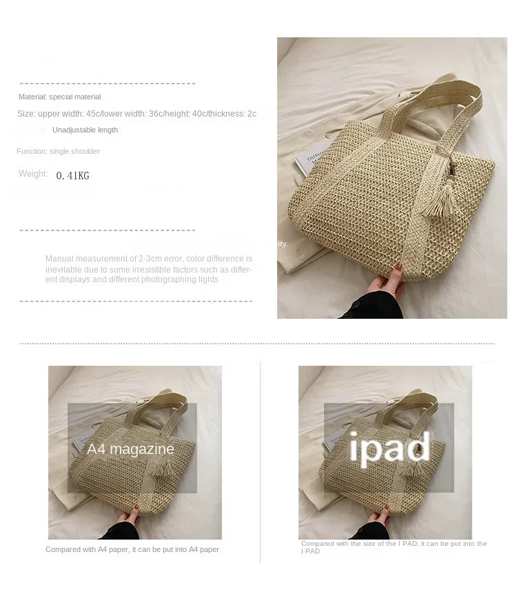 Elegant Straw Woven Handbag – Women’s Retro Beach & Casual Tote Top-Handle Shoulder Bag 2024