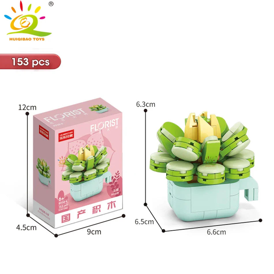 HUIQIBAO MOC Flower & Succulent Potted Building Block Set – DIY Eternal Bouquet, Home Desk Plant Decor, Girls & Kids Toy Gift