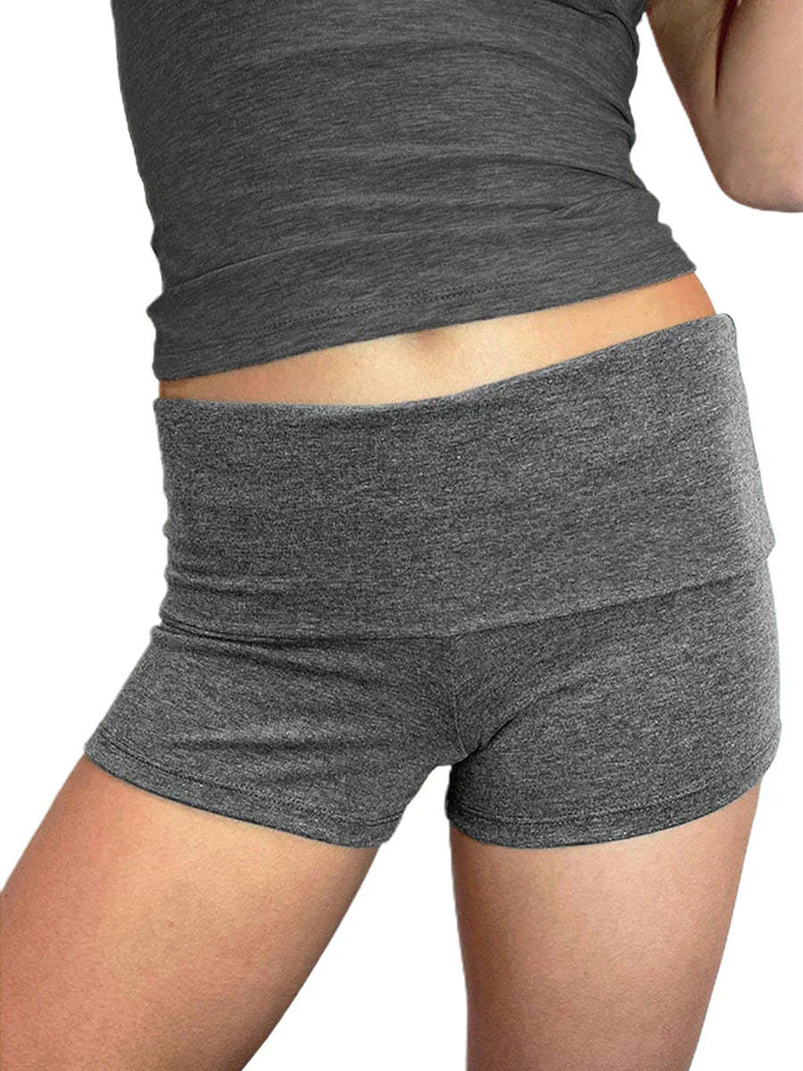 Summer Women’s Slim Solid Color Yoga Shorts — Casual Fold-Over Low Waist Lounge Shorts